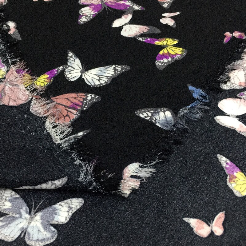 Sort farve sommerfugl mønster blomstertrykt chiffon stof til kjole, i meter