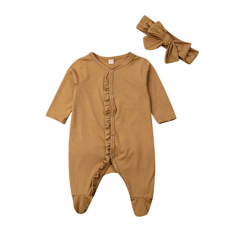 Neugeborenen Baby Mädchen Jungen Kleidung Lange Hülse Rüsche Feste Baumwolle Strampler Gesamt + Stirnband 2Stck Outfit 0 -24M: Gelb / 3M