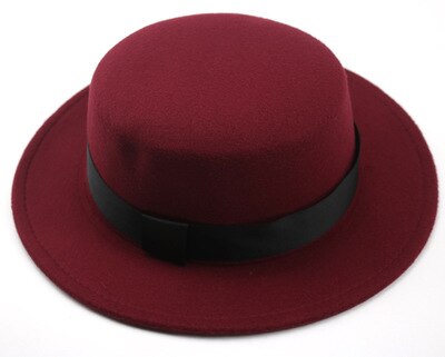 kids fedora hats for boys girls solid color flat top with ribbon band belt winter hats autumn big brim formal black kids hat: wine red