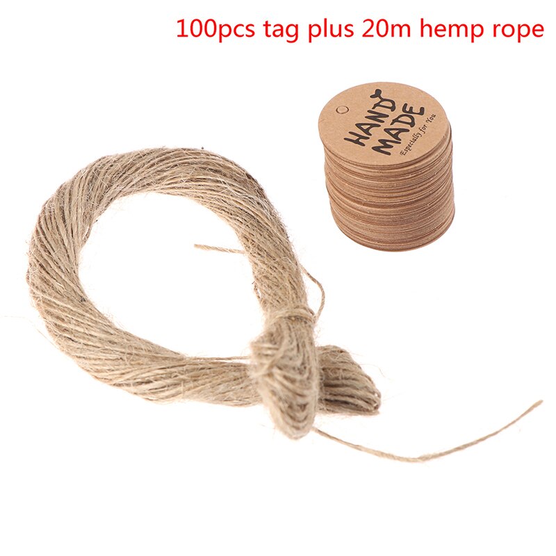 100 pièces rondes faites à la main avec amour Kraft papier étiquettes volantes + 20m chanvre cordes vêtement bagages étiquettes papier étiquettes