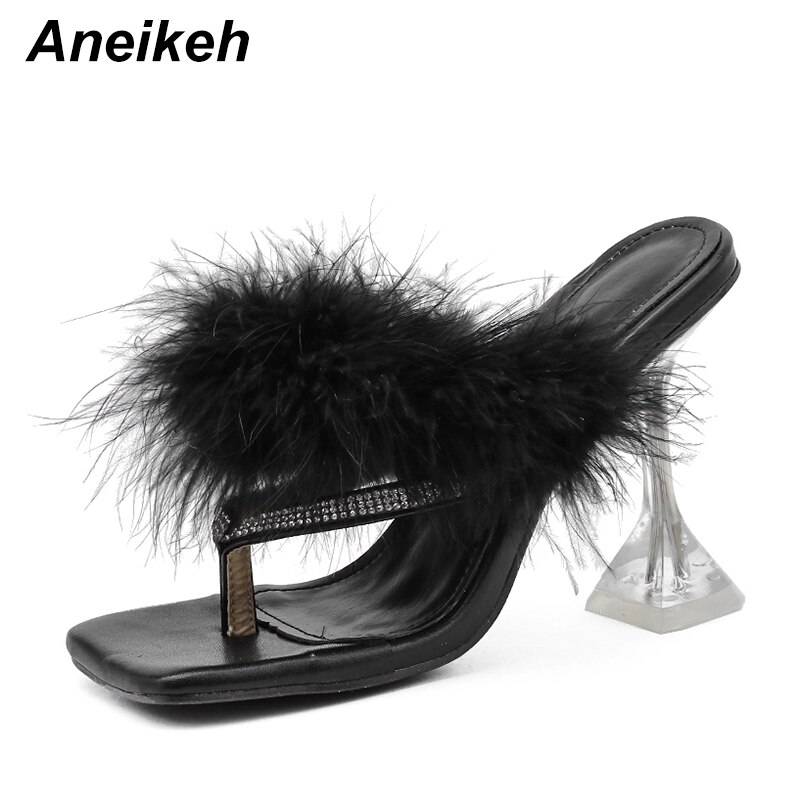 Aneikeh sommer kvinde behåret pels flip flops pvc gennemsigtig fjer plexiglas krystal høje hæle peep toe muldyr dame slides sko: Sort / 36