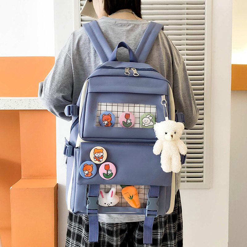 Zaino semplice Set da 4 pezzi zaino per scuola superiore borse per ragazza adolescente 2021 borse da viaggio in tela da donna zaino per studenti adolescenti: blue-backpack