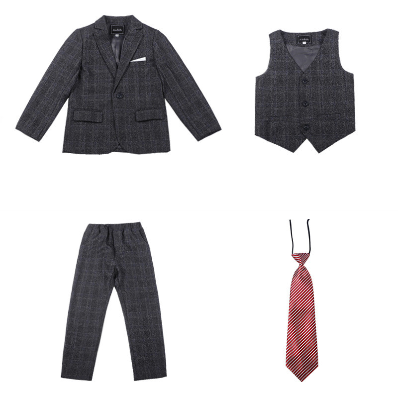 Chłopcy rano płaszcz garnitury w kratę dzieci formalne stroje ubrania zestawy dziecko smokingi panowie wesele stroje maluch marynarka spodnie: szary 4 szt Sets / 150