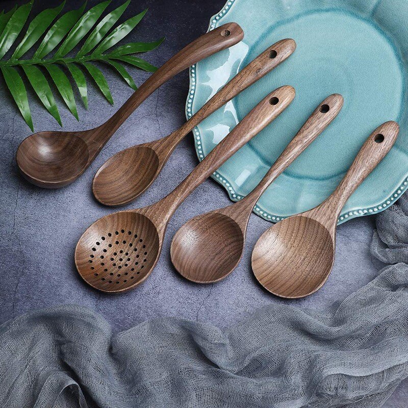 Juego de utensilios de cocina de madera, 7 Uds., cucharón de madera de nogal negro, espátula para cocinar, cuchara mezcladora