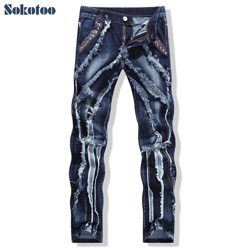 Sokotoo mænds patchwork splejset revet jeans mandlig personlighed læder nitte slank lige denim bukser