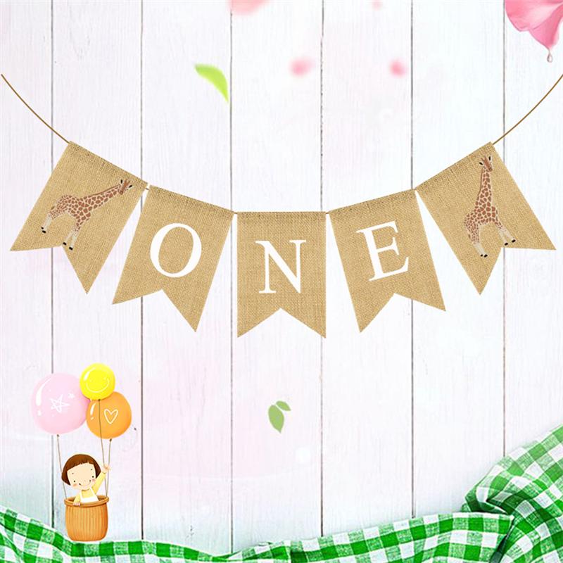 First Birthday Party Flag Giraffe and ONE Printing Burlap Banner Swallowtail Bunting Baby Shower Hanging Garland Party Supplies
