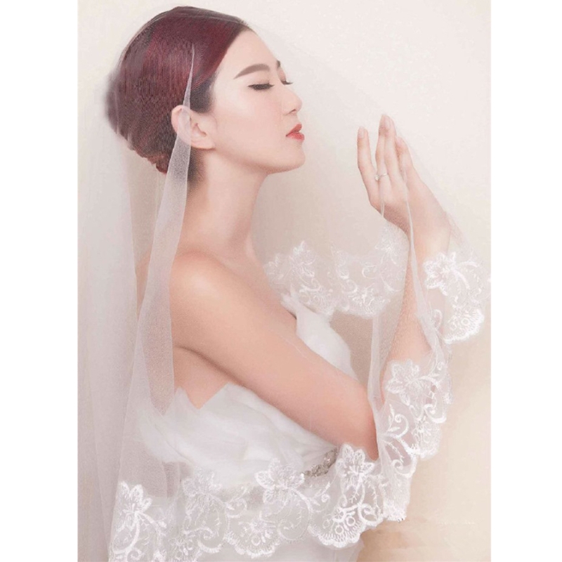 Frauen 150cm Braut Kurze Hochzeit Schleier Weiß Eine Schicht Spitze Blume Rand Appliques