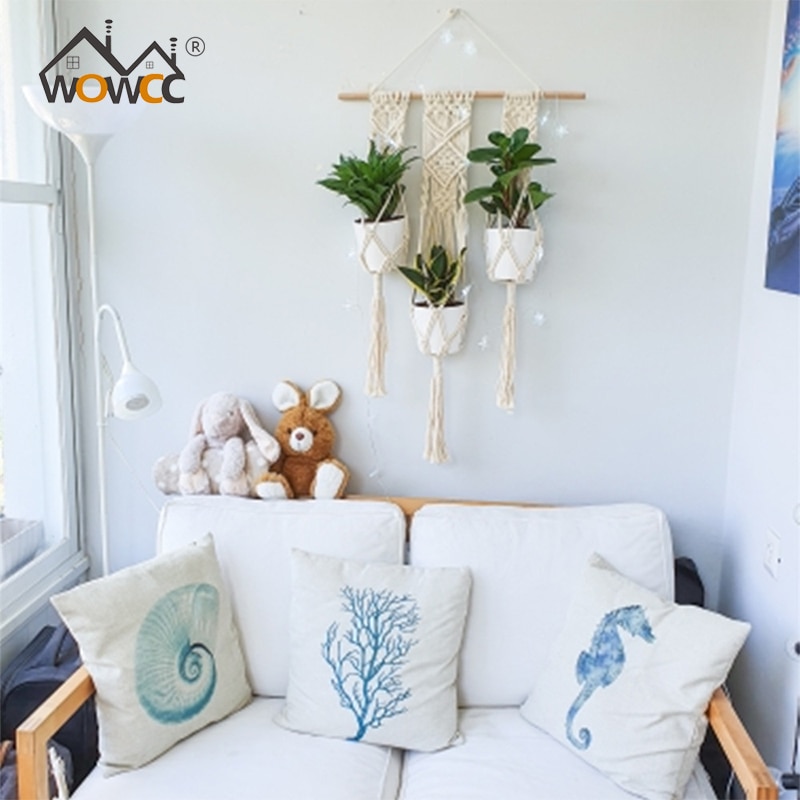Macrame hængende plante kurv væg plante bøjle hængende plante potteholdere håndstrik hængende planter træpind kurv væg kunst