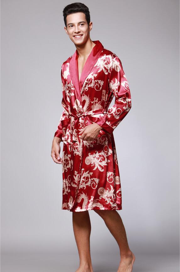 YT- 027 Spring Autumn Luxury Bathrobe Mens Print Plus Size Satin Pajamas Silk Nightgown: Red