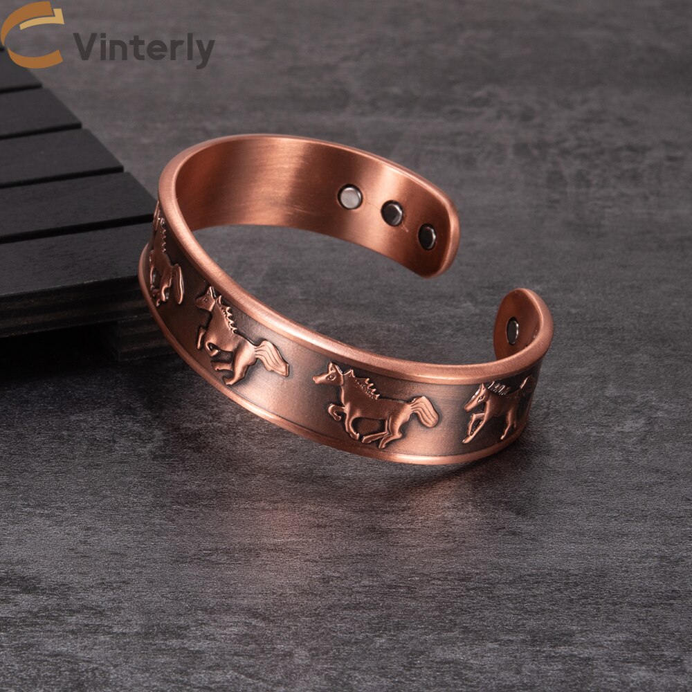 Pure Copper Magnetic Bracelet Arthritis Adjustable Horse 15.5MM Wide Therapeutic Magnetic Bracelet Benefits Copper Bangle Men