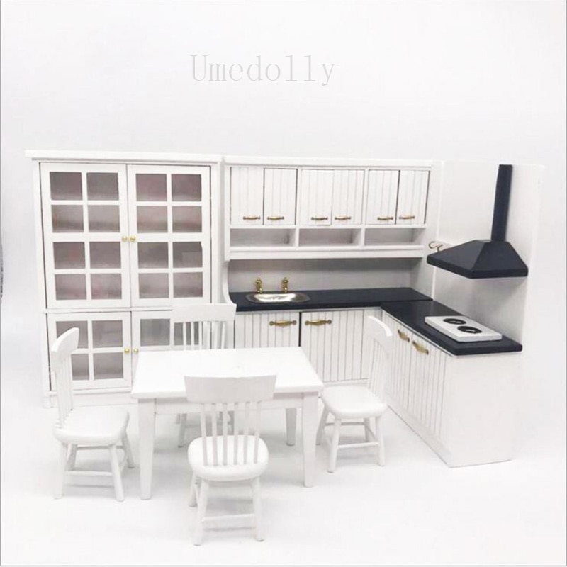 1 Set 1/12 Schaal Dollhouse Miniatuur Keukenkast + Eetkamer Tafel + Stoel Mini Meubels Speelgoed Accessoires