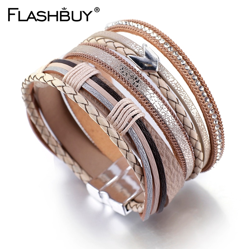 Flashbuy simples trança liga seta pulseira de couro para mulheres boêmio ampla wrap pulseiras presente moda jóias por atacado