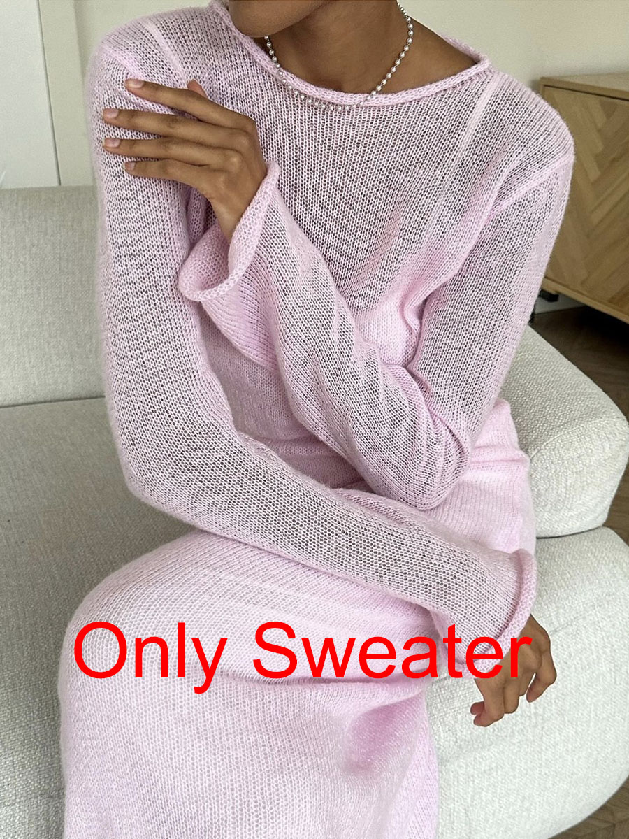 Forår efterår o-hals elastisk strik lange kjoler kvinder chic blød dame udhulende sweaterkjoler femme: Lyserød