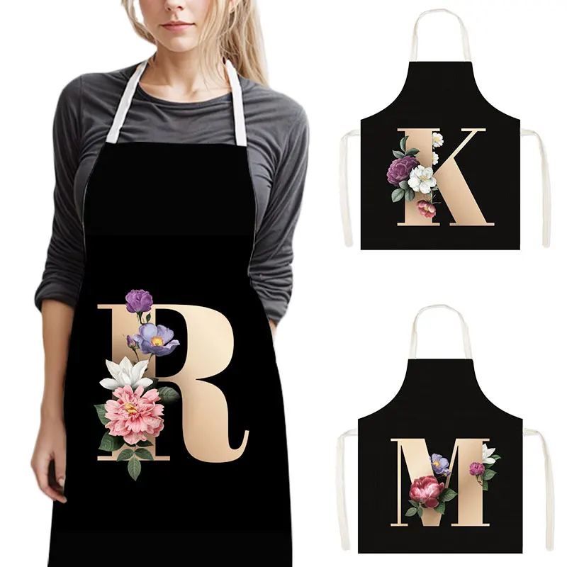 Delantal de cocina con estampado de flores y 26 iniciales, delantales de cocina con letras de A-Z para mujer, Chef de barbacoa, camarero, herramienta de limpieza para hornear en casa, delantal