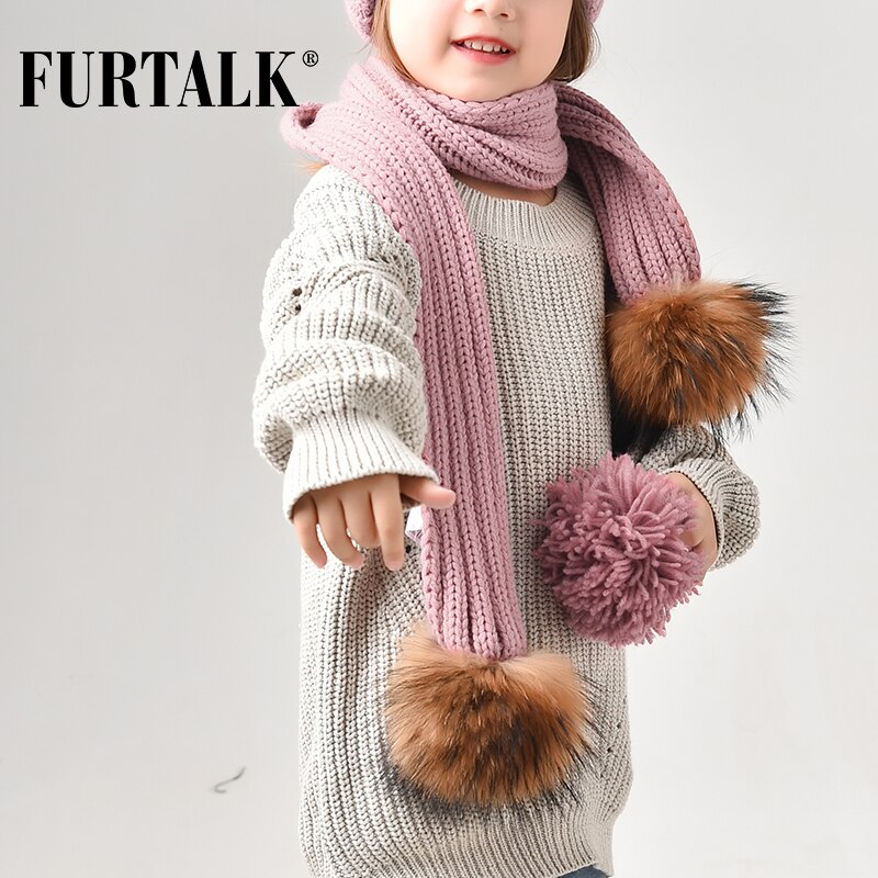 FURTALK – écharpe tricotée à pompon en vraie fourrure pour enfants, pour filles et garçons, CH021