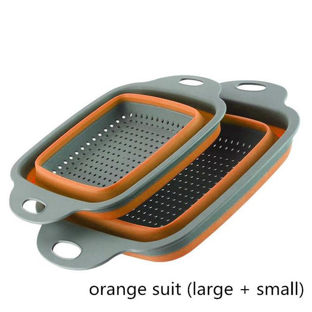 2 stuks siliconen opvouwbare zeef, afvoermand, fruit, groentewasbakje, keukengereedschapsets, vierkante organizer, opberger: Oranje set