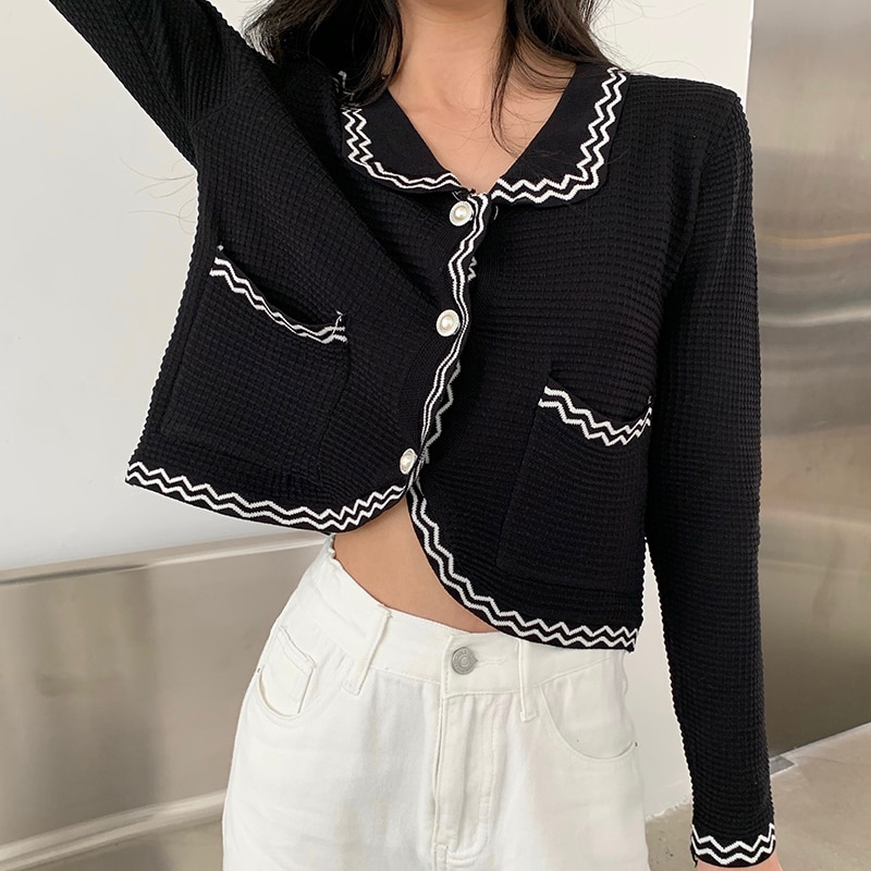 Dames gebreide truien met lange mouwen en omslagkraag, vesten, damesgebreide truien met zakken, chique crop tops voor dames