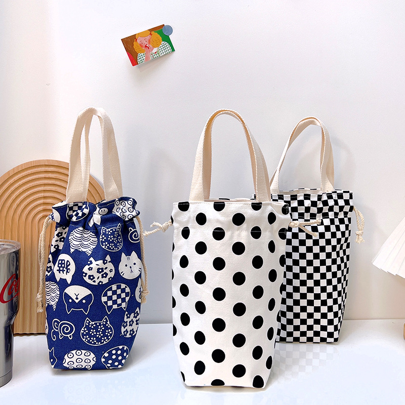 Draagbare Canvas Isolator Hoes Tas Thermoszak Cartoon Foto 'S Sluiting Trekkoord Opbergtas Vacuüm Cup Set