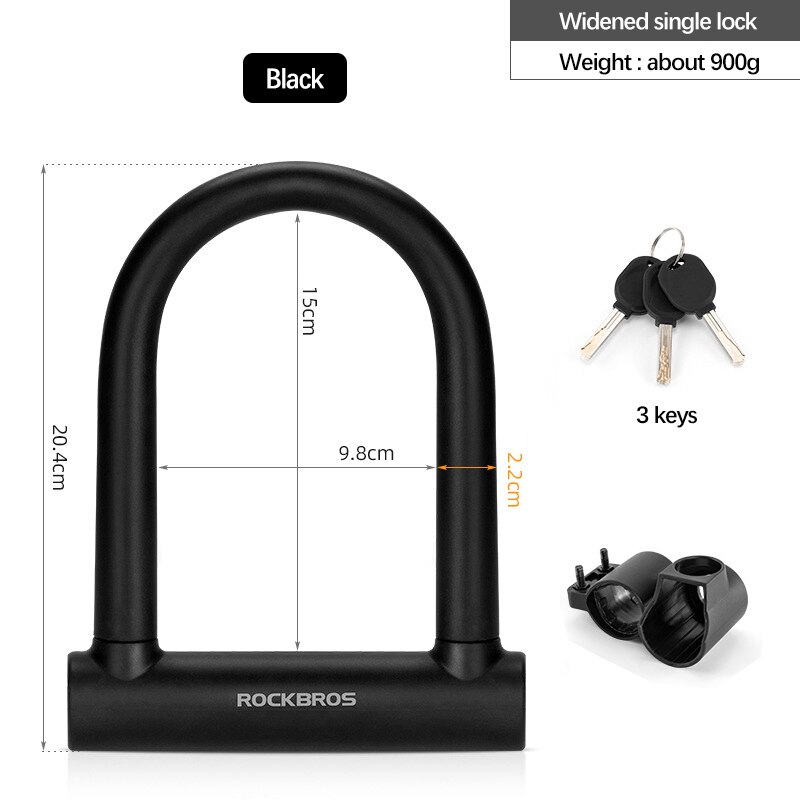 ROCKBROS-candado para bicicleta eléctrica, candado de estilo chino en forma de U, candado antirrobo, juego de cables para bicicleta de montaña y carretera, accesorios: Black single lock