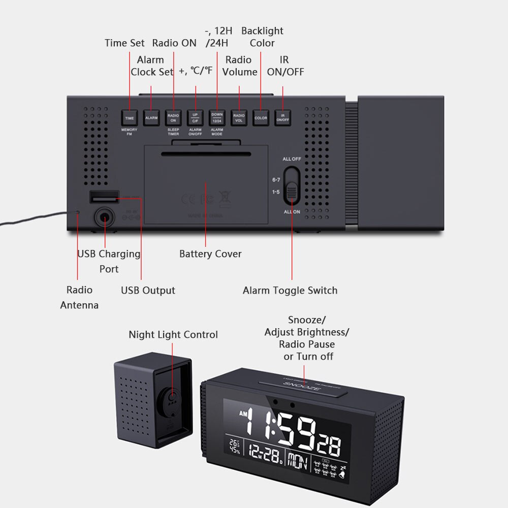 5-in-1 Alarm Clocks IR Function FM Radio Desk Table Clocks Temperature Humidity Monitor Wall Clocks with 7 Color Night Lights