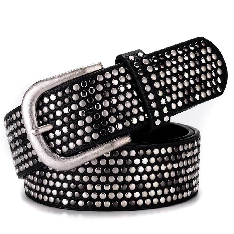 Ceinture large pour femmes en croûte de cuir PU, avec rivets rétro, ceinture large sauvage, style européen et américain: Black / 105 CM