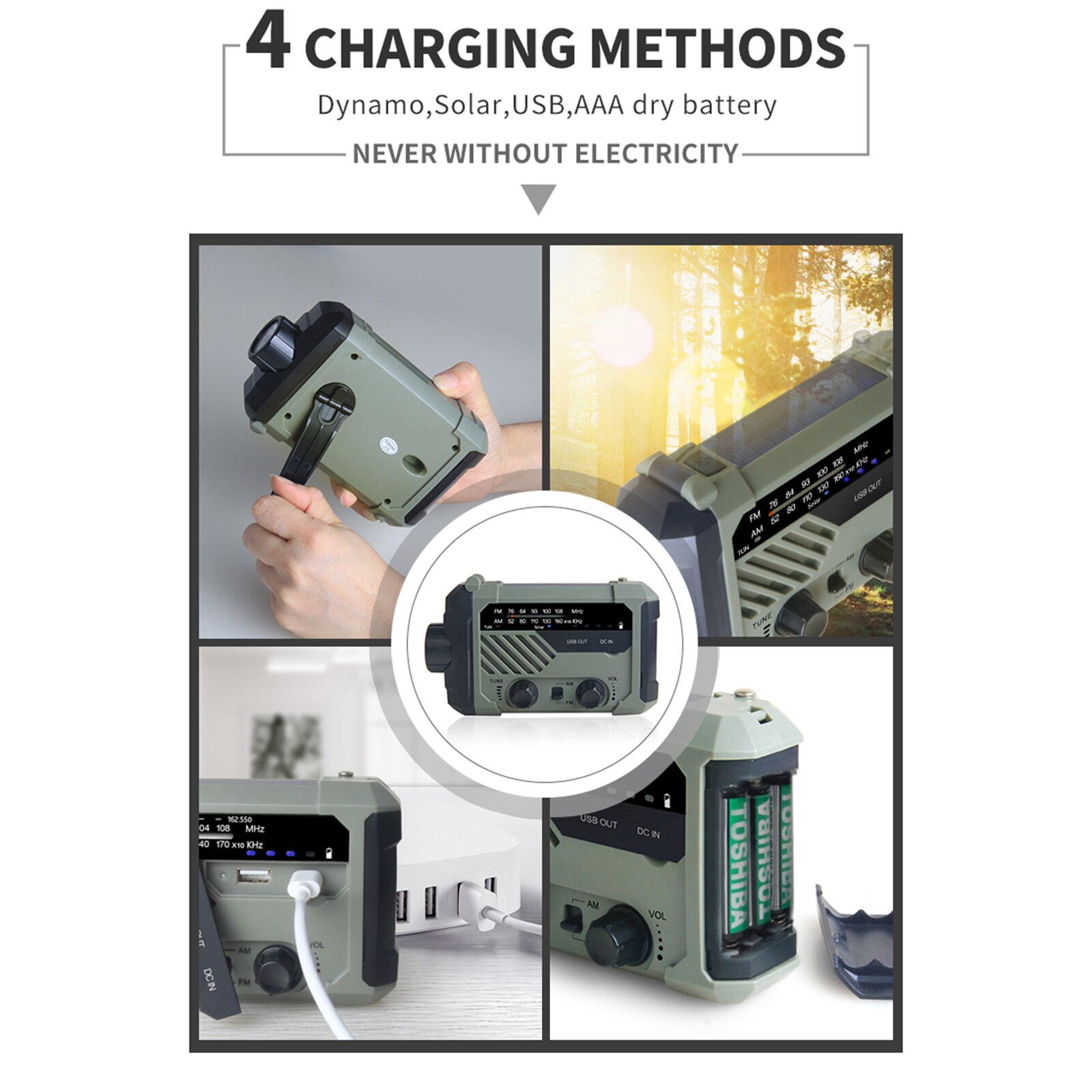 2000mAh Digital FM AM Radio Outdoor Emergency Lamp Solar Hand Crank Radio Flashlight LED Flashlight SOS Power Bank USB Charger