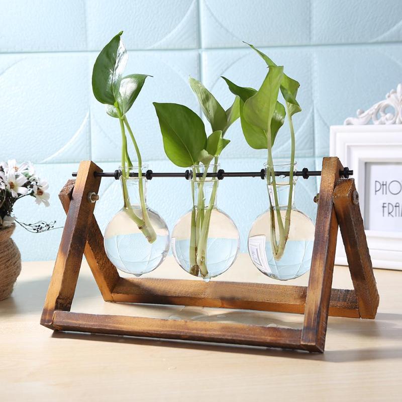 Glas og træ vase plante terrarium bord desktop hydroponics plante bonsai urtepotte hængende potter med træbakke boligindretning
