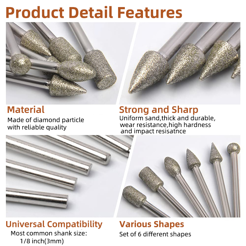 Diamond Drill Grinding Bit Set, 1/8" Shank Stone Carving Dremel Rotary Tool for Ceramic Glass Stone, 20Pcs