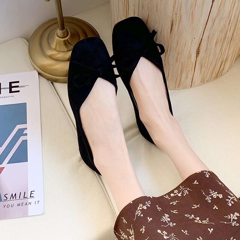 Rimocy Spring Bowknot Flat Shoes Woman Faux Suede Square Toe Boat Shoes Women Casual Non-slip Black Flats