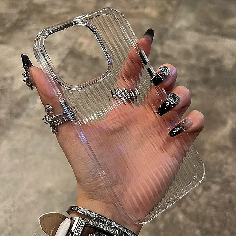 Soft Corrugated Transparent Phone Case For iPhone 11 12 13 14 15 16 Pro Max Plus Shockproof Silicone Clear Bumper Cover: ABS / Clear
