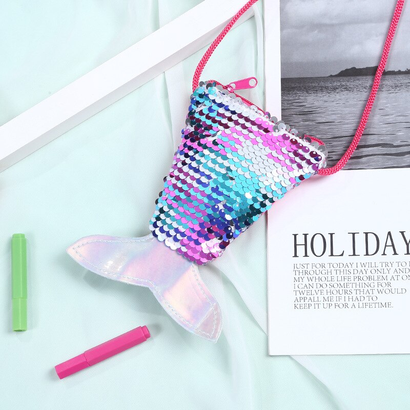 cute girl waist bag mermaid fishtail sequins fanny pack chest bag mini purse Long Rope Coin Purse Girls Crossbody Bags: 3