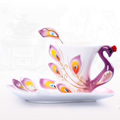 Ensemble de tasses à café paon en porcelaine émaillé 3D, artisanal à la main, avec soucoupe et cuillère, en céramique, tasse à thé et à eau: 230ml / violet