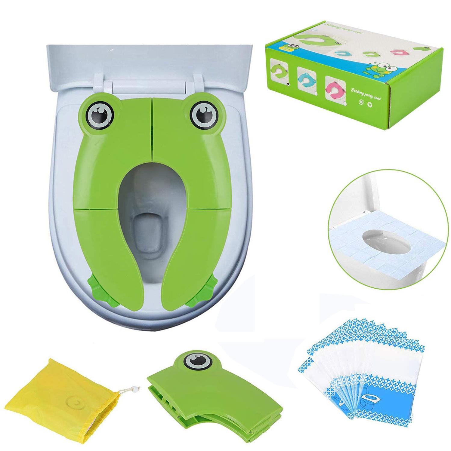 Sammenfoldelig pottetræning toiletsædebetræk, skridsikker silikone puder med 10 pakker engangs toiletbetræk (grøn): Frøgrøn