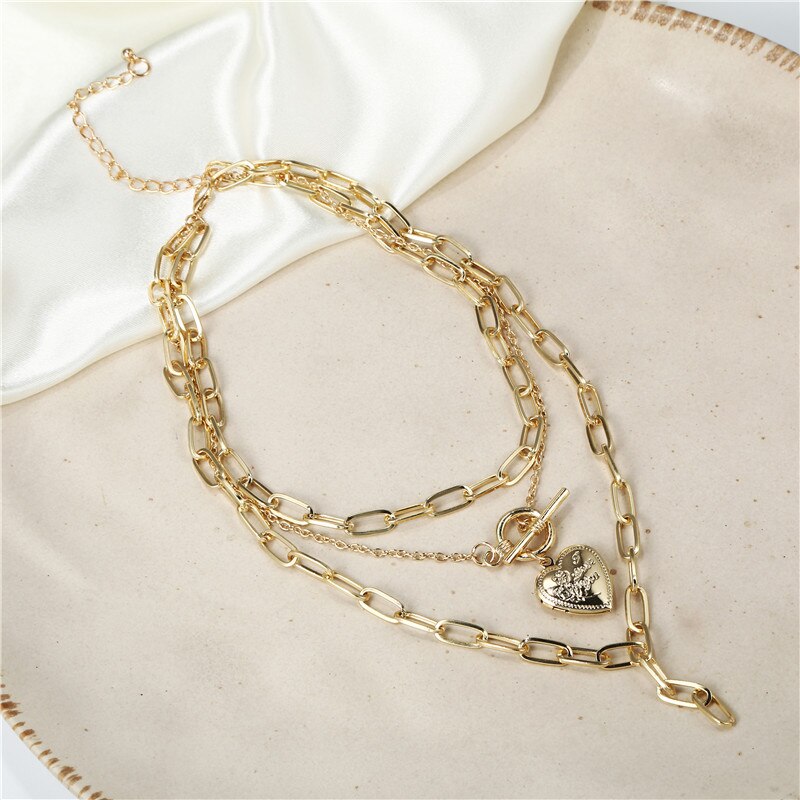 Punk gold silver color multi-layer cuban link chain necklace open heart pendant choker necklaces for women