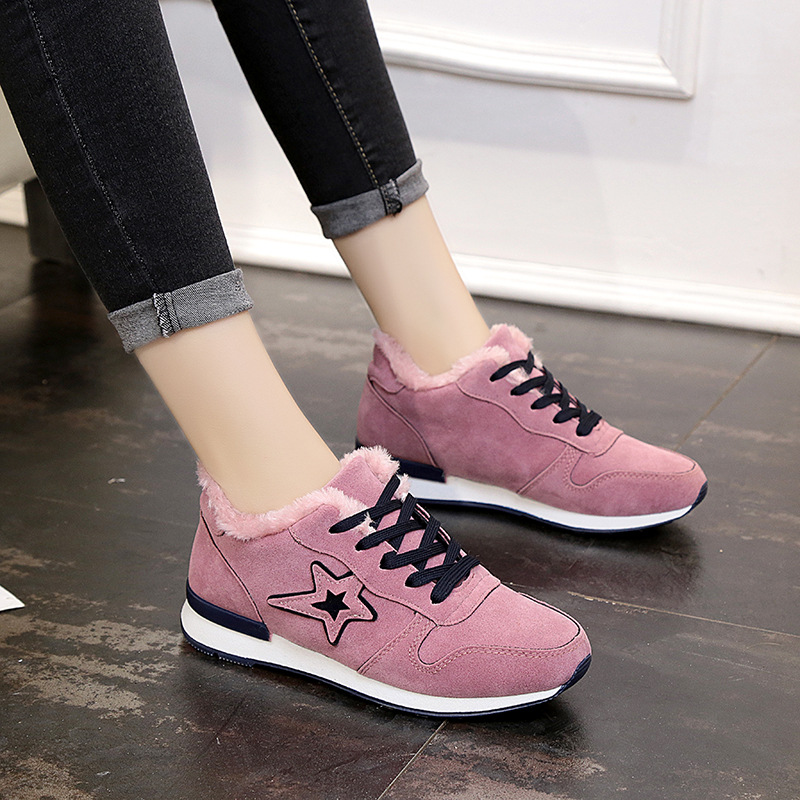 Women's Fur Lined Sneakers - Warm Winter Running Shoes with Rubber Sole & Star Pattern
