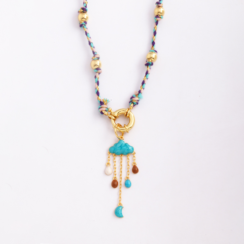 Estrella Celestial azul verde mal de ojo nudo largo collar de cuentas, Boho naturaleza cordón de algodón suéter amuleto verano playa joyería: Rojo-marrón