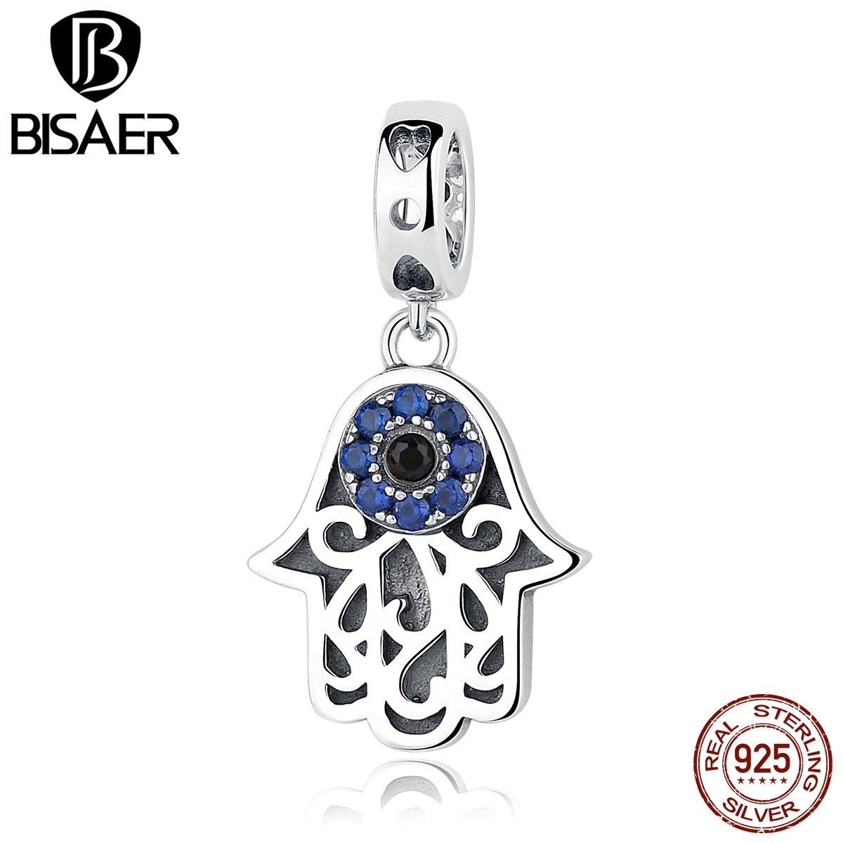 Bisaer 925 Sterling Silver Blue Evil Eye Charms Fatima Hamsa Hand Hanger Charms Fit Originele Armbanden & Bangles Sieraden ECC085