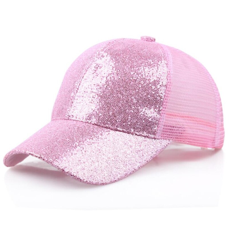 Dame mesh lerret baseball cap trucker lue sommer solbeskyttelse baseball paljetter cap 7 farger: Rosa