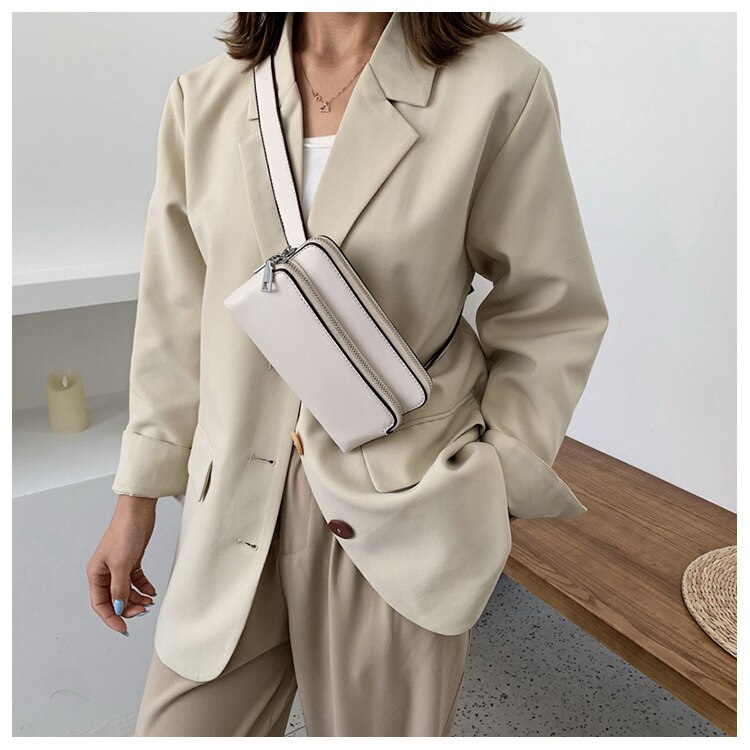 Double Pocket Women PU Waist Bag Female Crossbody Chest Bag Small PU Leather Lady Fanny Pack: Beige