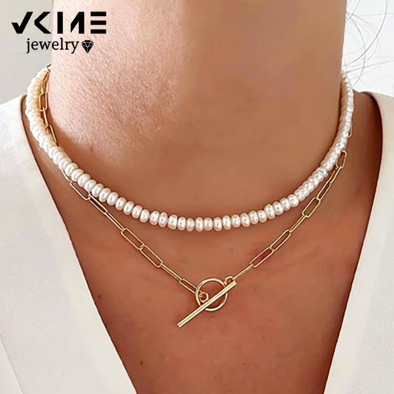 VKME Multi-layered pearl Aluminium chain Necklace For Women Chokers Necklaces Jewelry Party