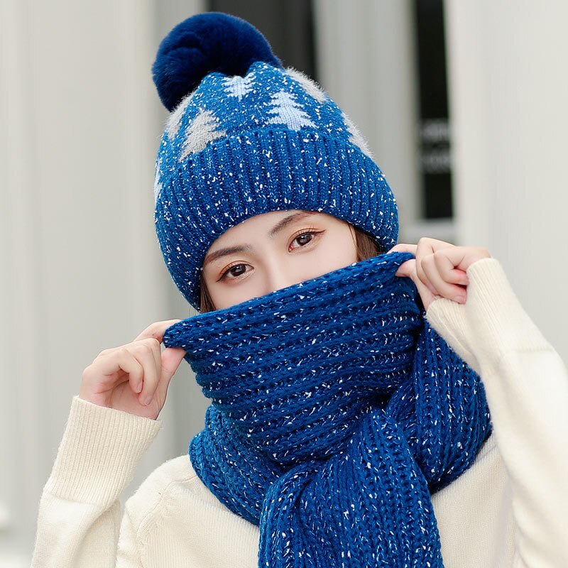Dames winter sjaal muts set dames gebreide warme dikke roze mutsen mutsen met pompon dames effen kerstboom lange sjaals rood: Koningsblauw