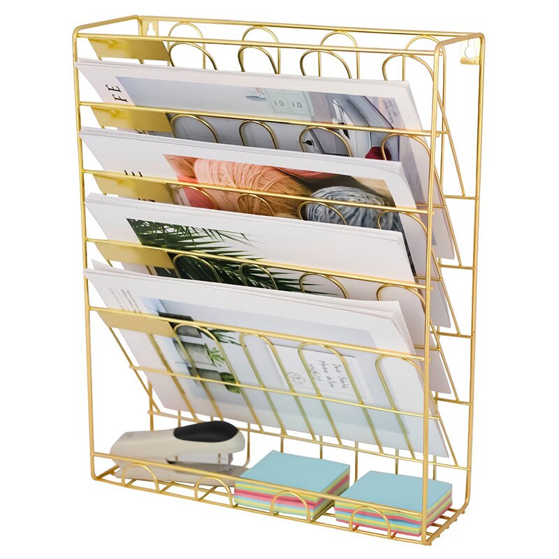 Hanging Wall File Organizer, 5 Slot Wire Metal Wall Mounted Document Holder for Office Home, Gold