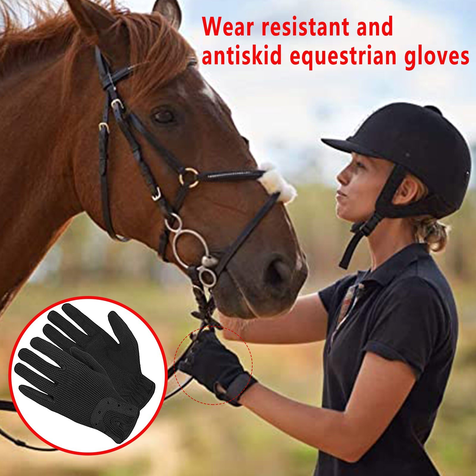 Guantes de cuero para montar a caballo para mujer, de tela de algodón, negros ecuestres, para montar a caballo: S