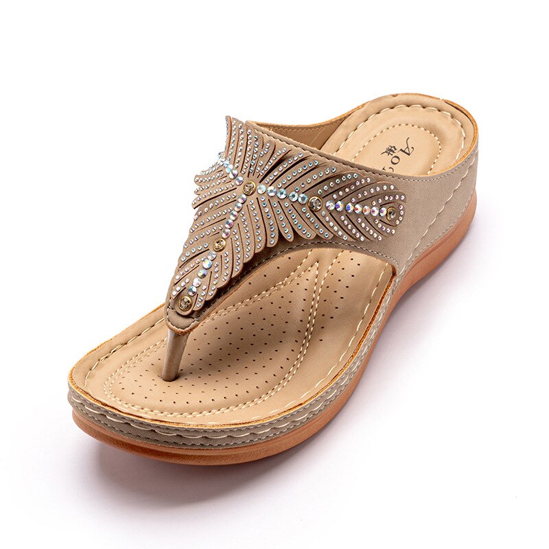 Chaussures d'été strass sandales à talons compensés string pantoufles tongs sandales de plage décontractées Sandalia ortopédica Feminina directe: Beige / 6