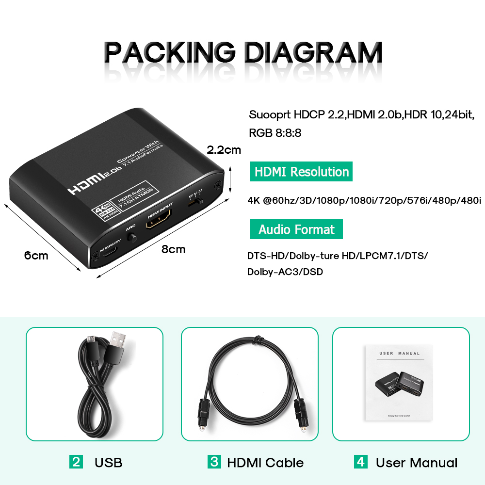 4K@60Hz HDMI 2.0 ARC Audio Extractor Splitter HDMI to Optical TOSLINK SPDIF 7.1 Converter