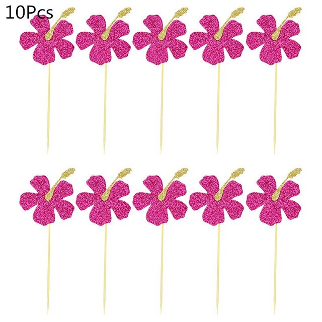10/12Pcs Tropical Hawaii Party Green Leaf Cake Topper Flower Flamingo Cupcake Topper For Summer Jungle Birthday Party Cake Decor: B04-10Pcs
