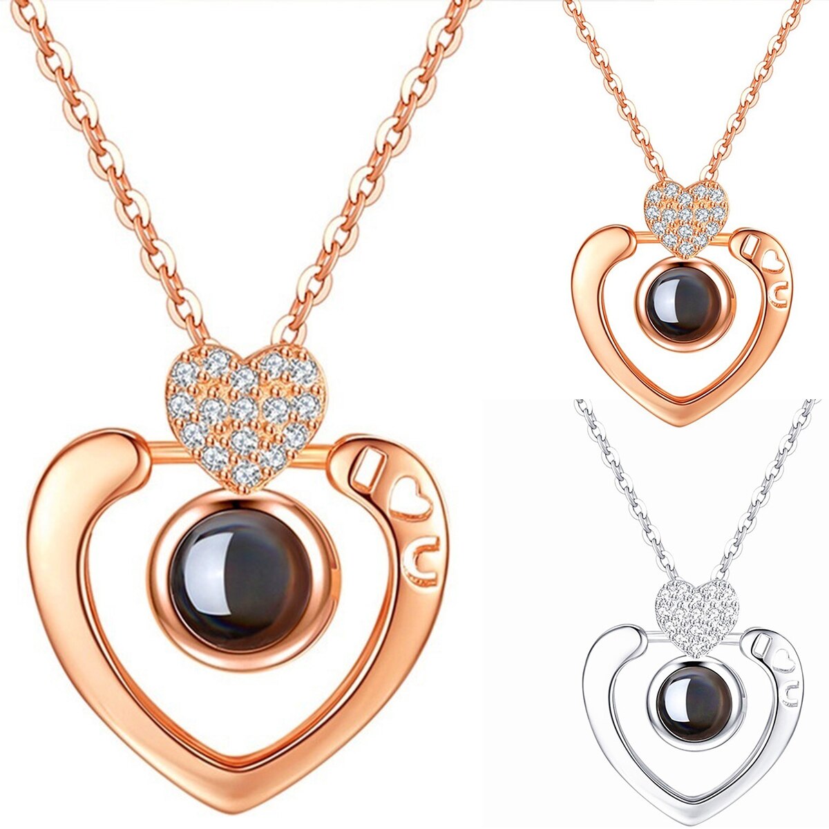 Silver Rose Gold 100 Languages Light I Love You Projection Pendant Necklace Love Heart-Shaped Diamond Necklace