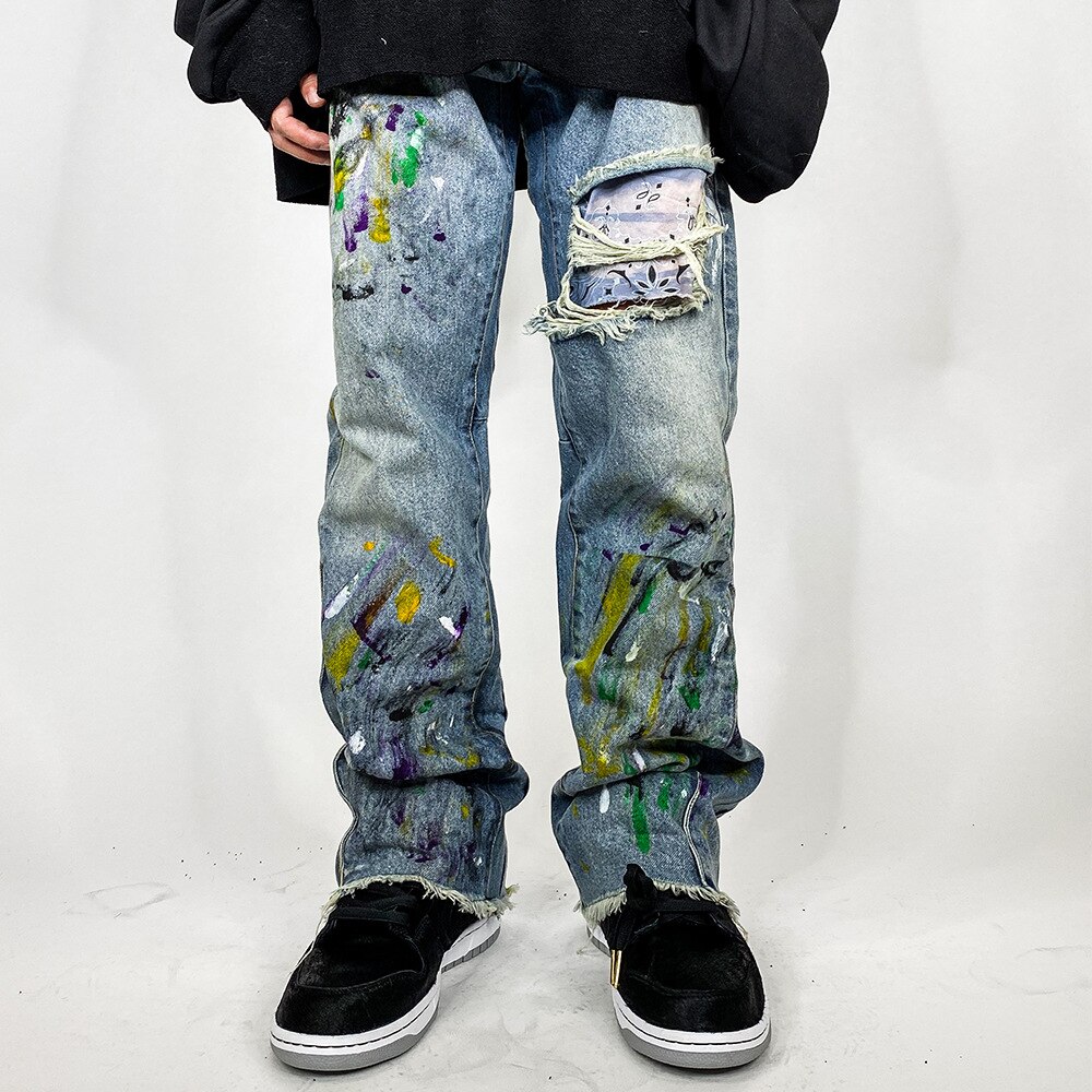 Hip hop graffiti denim flare bukser herre afslappet lynlås revet hul efterår vinter streetwear lange bukser joggers jeans