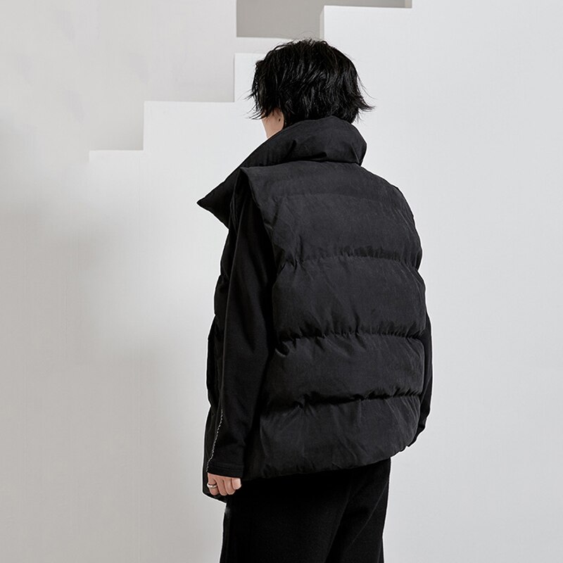 [Eam] feminino preto assimétrico tamanho grande algodão-acolchoado solto ajuste colete nova lapela sem mangas moda maré primavera outono 2020 1n320