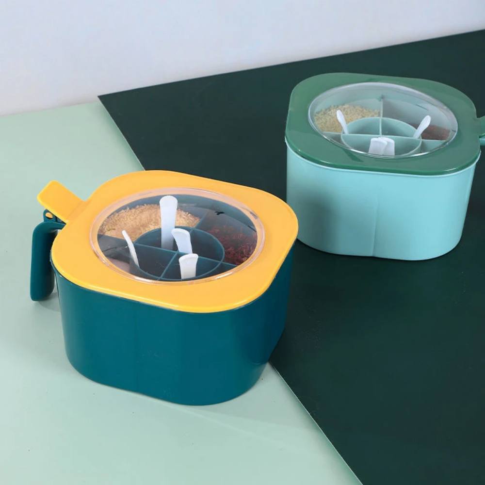 4 i 1 krydderboks med skjeer, flerroms urte- og krydderkrukker, krydderkrukke, oppbevaringsbeholder til kjøkkenkrydder